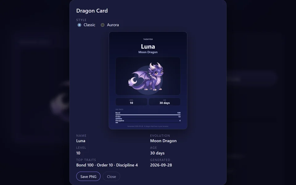 The Dragon Card dialog showing Luna, a Moon Dragon