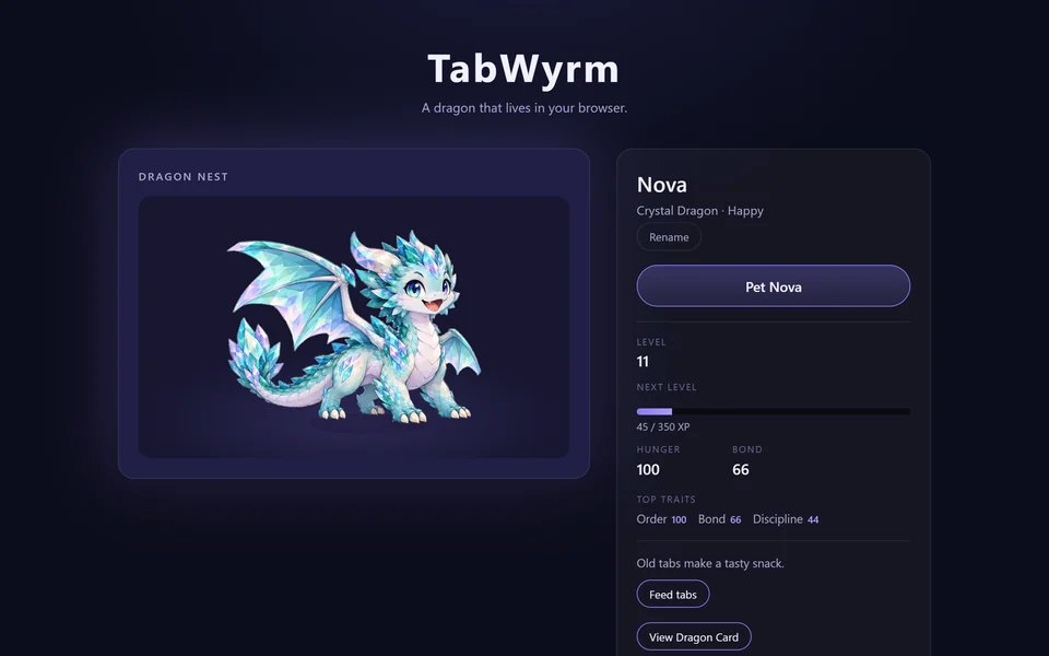 The TabWyrm New Tab page with Nova, a Crystal Dragon, in its nest