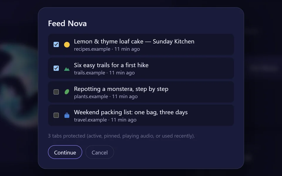 The Feed Tabs dialog listing old tabs to feed to Nova, a Crystal Dragon